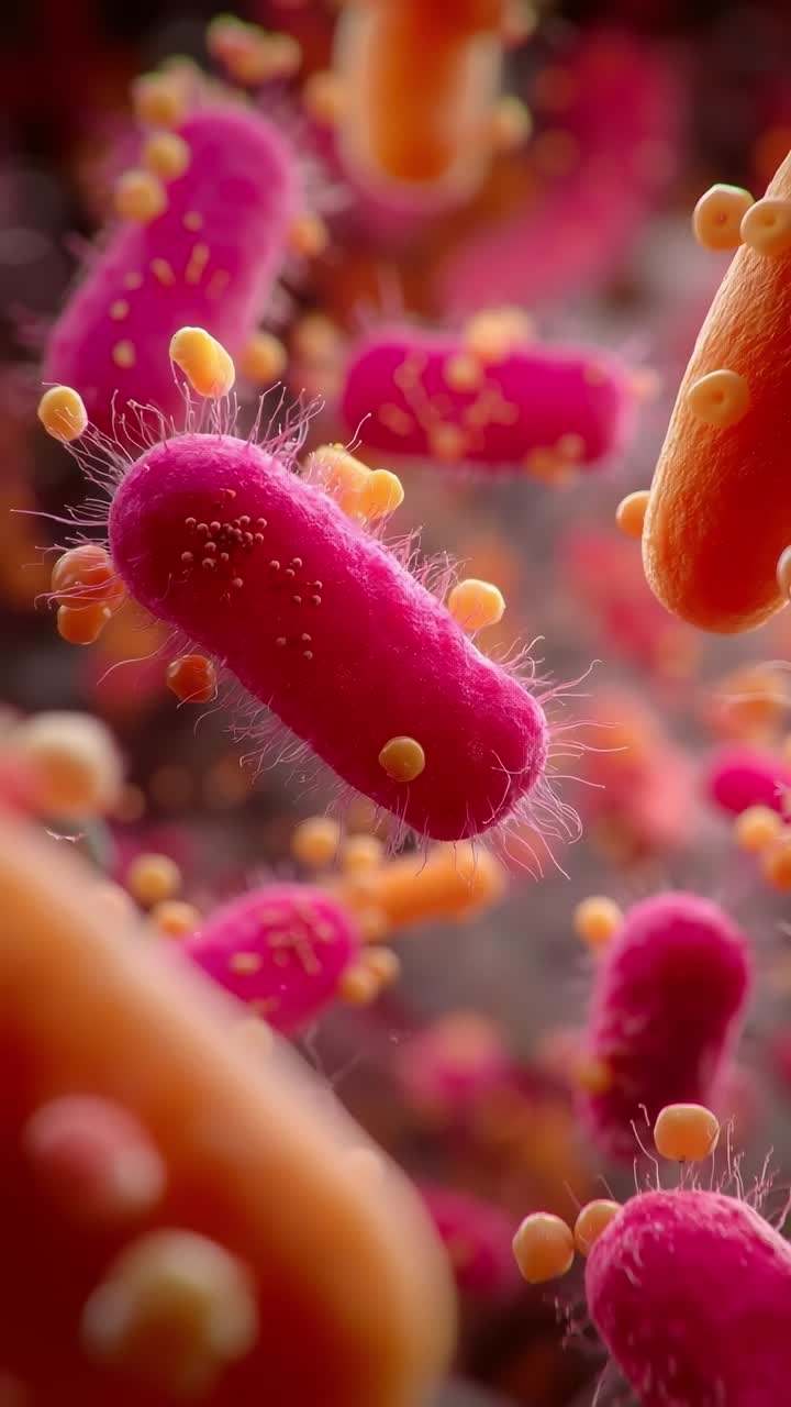 A close up of a bunch of pink and yellow bacteria