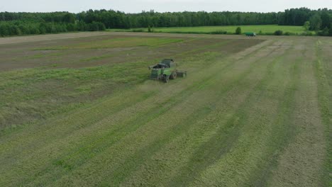 aerial establishing view of combine harvester mowing yellow wheat, dust clouds rise behind the machine, food industry, yellow reap grain crops, sunny summer day, drone shot moving forward, tilt down