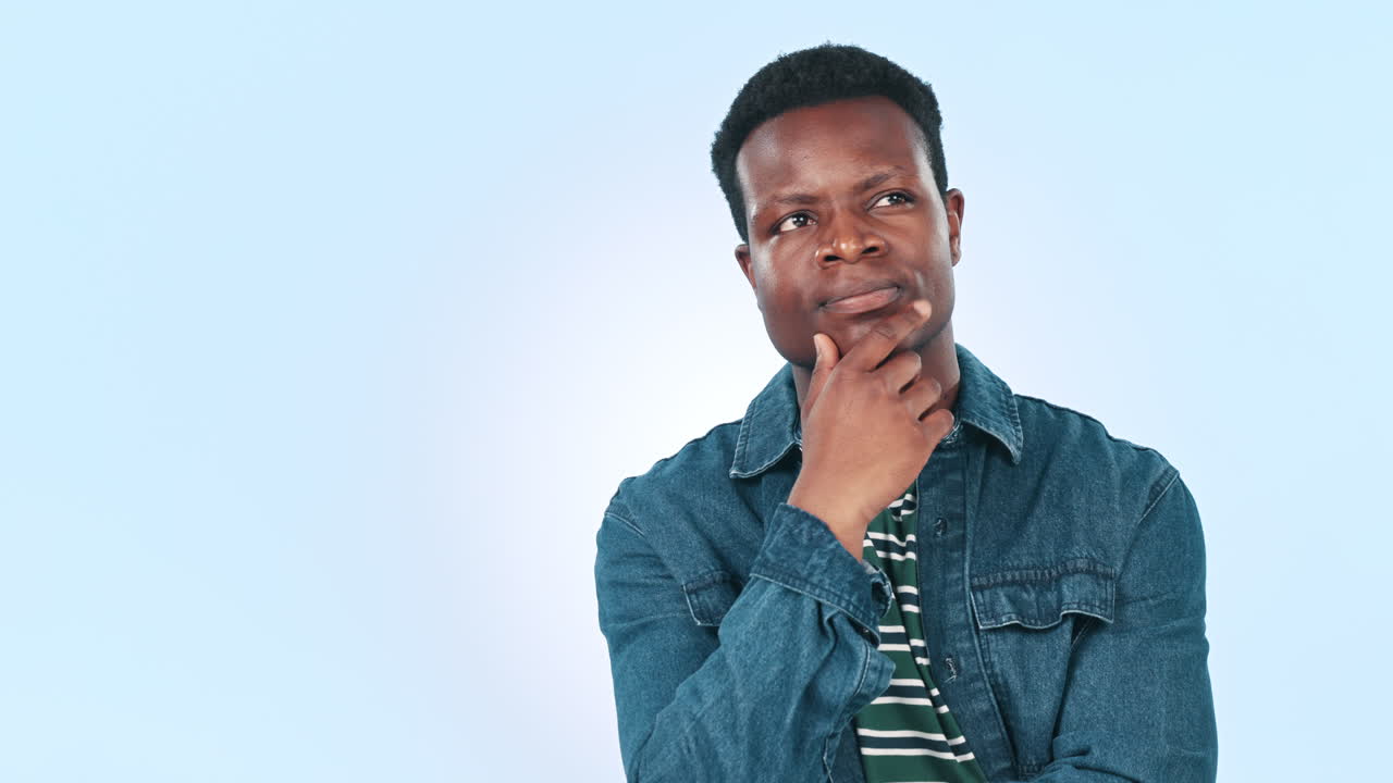 Thinking, black man and ideas with doubt