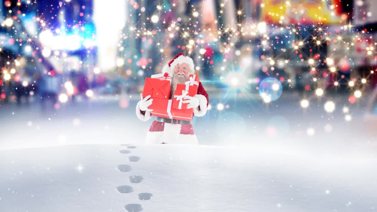 산타 클로즈가 내리는 눈과 함께 높은 눈을  ⁇ 고  ⁇ 고