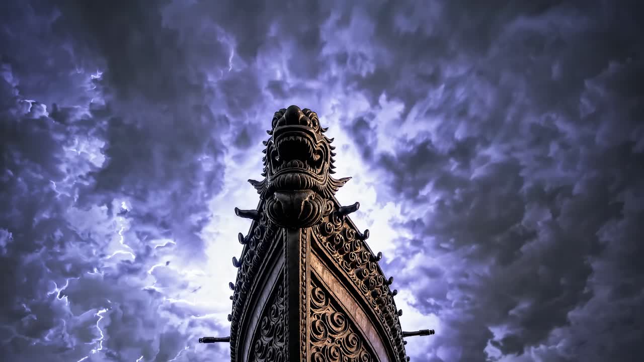 Dramatic low-angle shot of a dragon-headed ship against a stormy sky, creating a cinematic, mythical