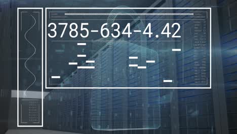 Animation-of-interface-with-data-processing-and-security-padlock-icon-against-server-room