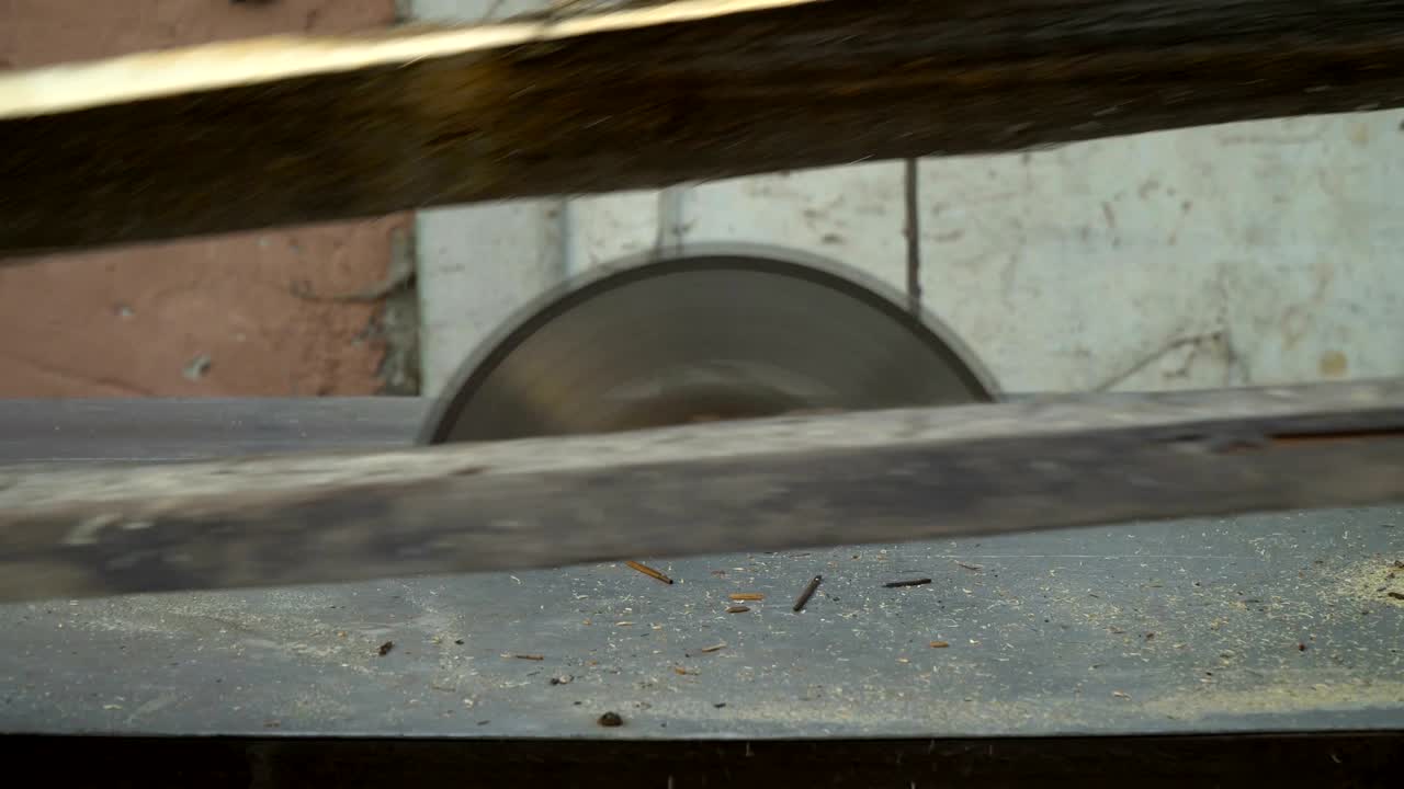 Circular saw. The wizard cuts a wooden board on a circular saw. Close-up.