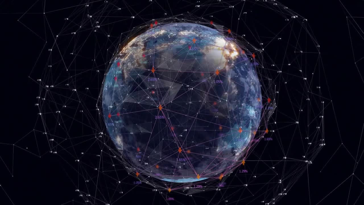 3D globe floating in dark space, showing glowing network lines, orange star nodes, percent labels