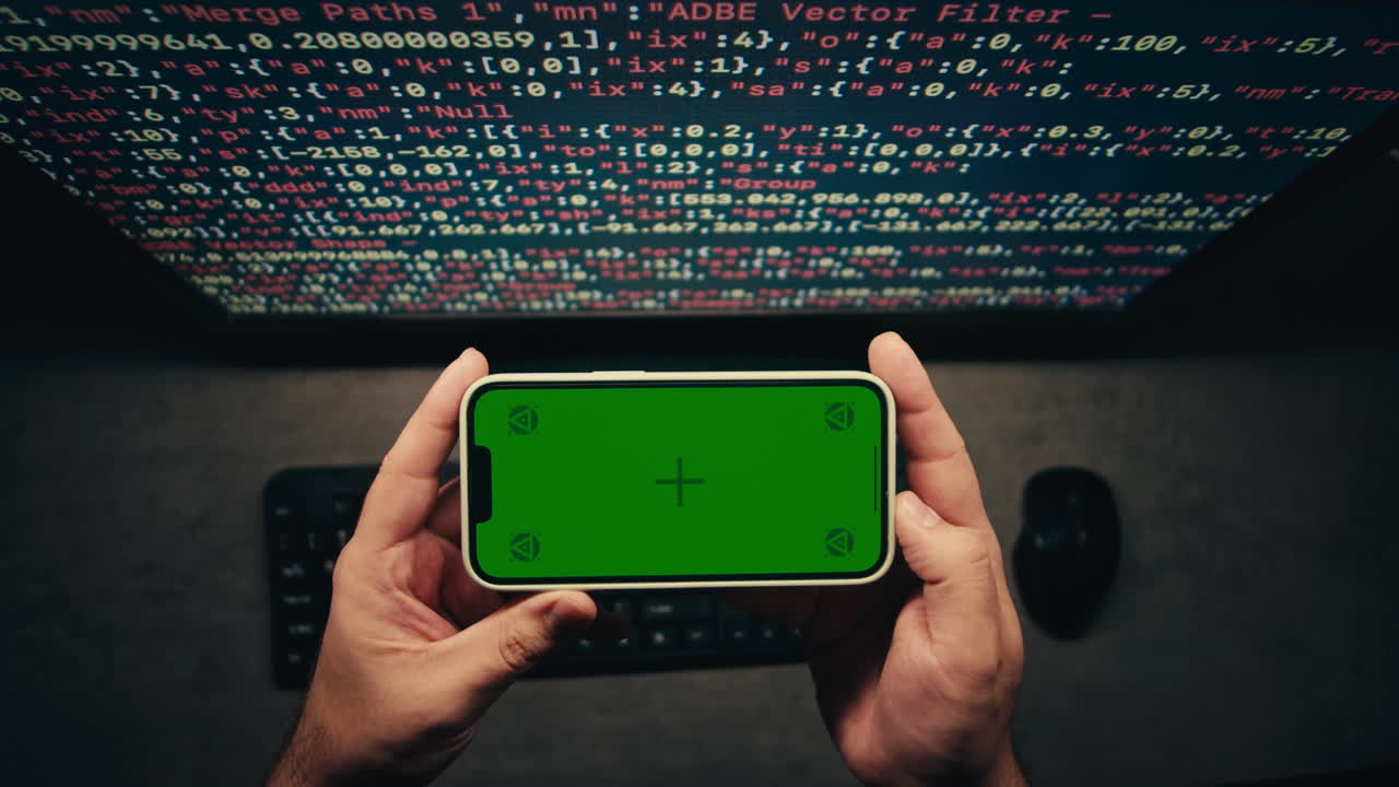 Person holding a smartphone with a green screen in front of a computer monitor displaying code.