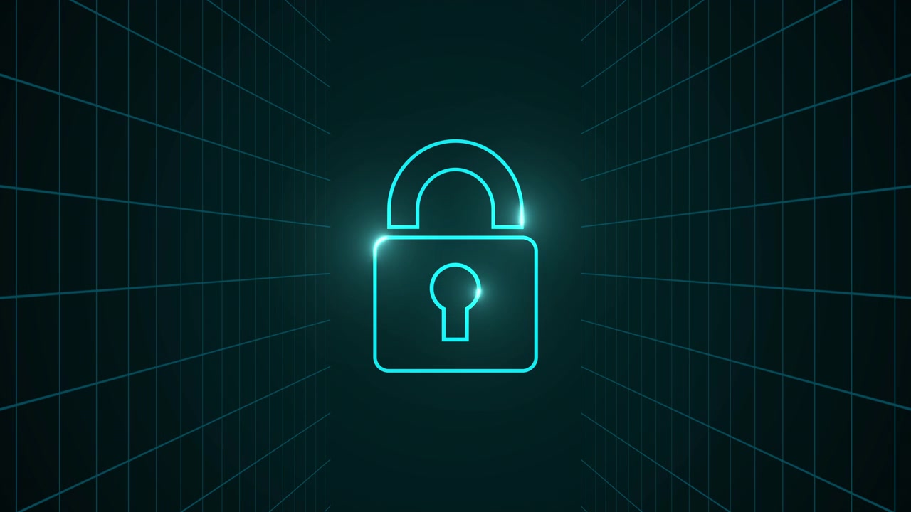 Glowing Neon Padlock Icon in Digital Grid Environment