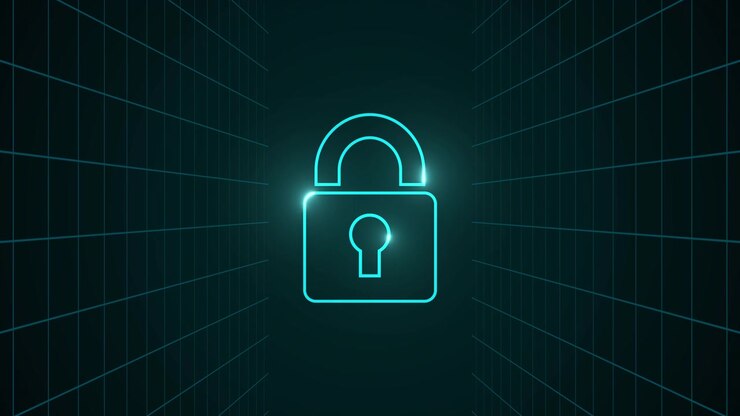 Glowing Neon Padlock Icon in Digital Grid Environment