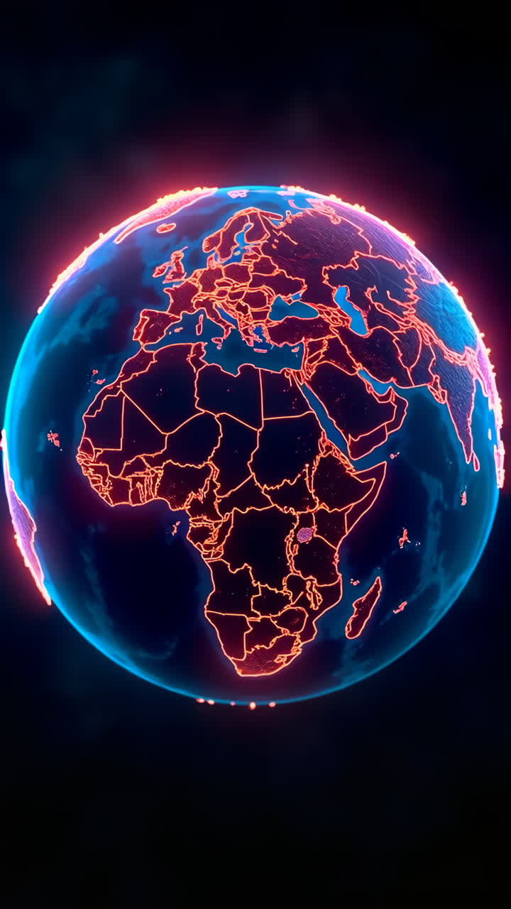 Glowing Digital Earth Globe with Neon Continent Outlines