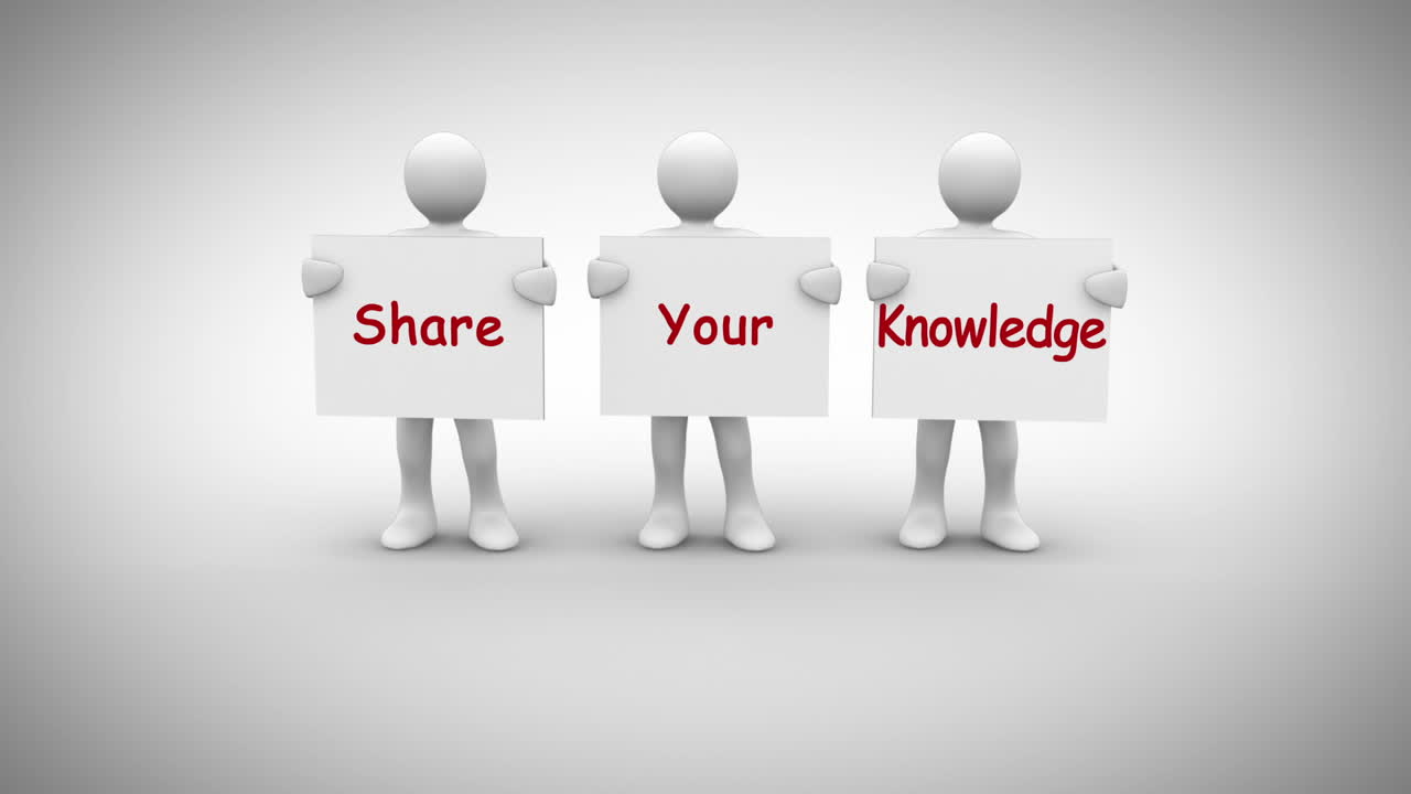 White characters showing signs saying share your knowledge