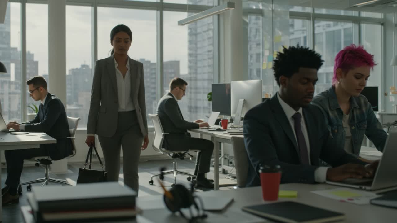 Une femme professionnelle traverse un espace de bureau moderne, montrant divers collègues engagés dans un travail collaboratif à leurs bureaux dans un environnement lumineux et contemporain.