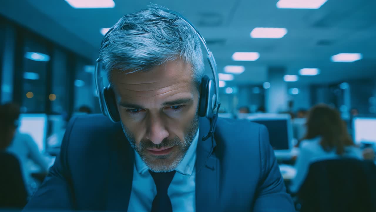 Focused Professional in a Corporate Environment Engaged in Duty with Headset, Concentrating on Work Amidst Dynamic Office Background