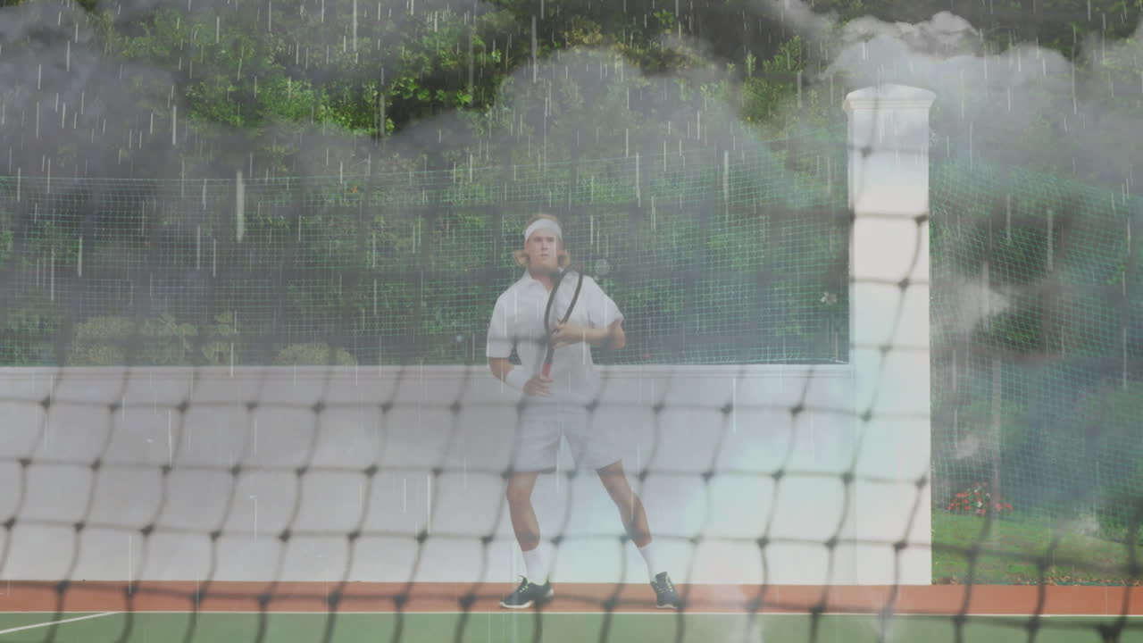 Tennis player hitting forehand on court under heavy rain, with sports infographic showing rainbow