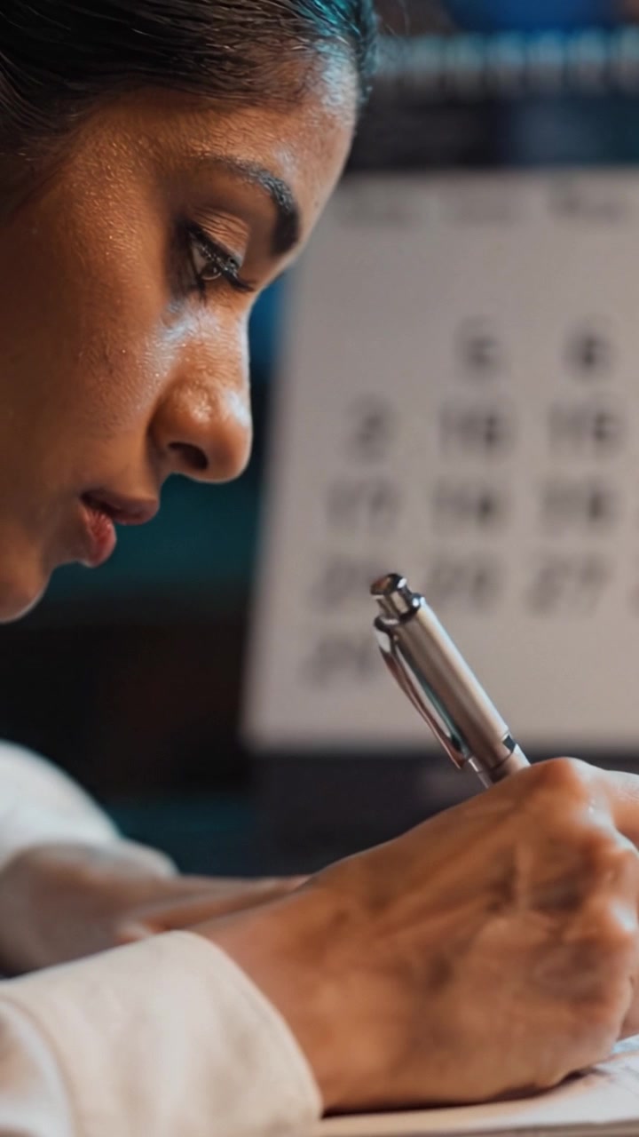 Un primo piano di mani che scrivono su un blocco note con un calendario sullo sfondo, catturando un momento produttivo di pianificazione e organizzazione.