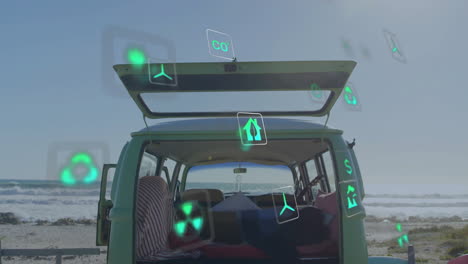 animation of energy and ecology icons over camper van at beach