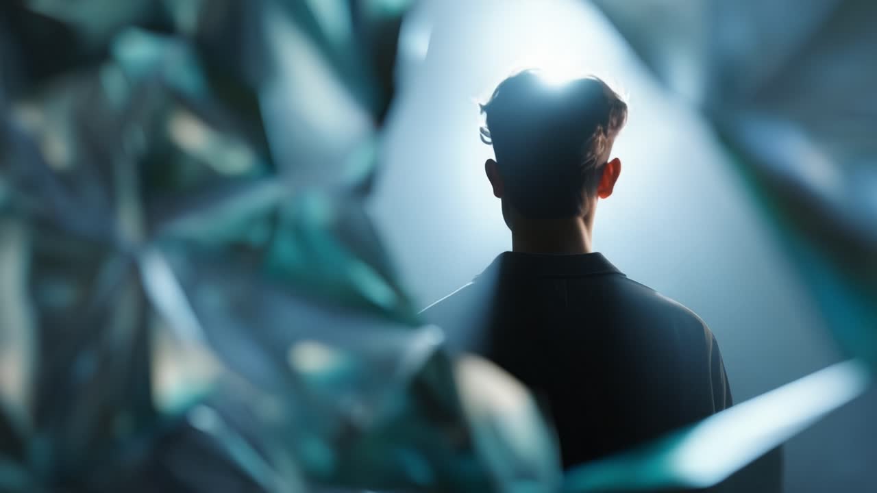 A Mysterious Figure Backlit by Soft Light Surrounded by Fractured Glass, Evoking Intrigue and Contemplation in a Surreal Atmosphere