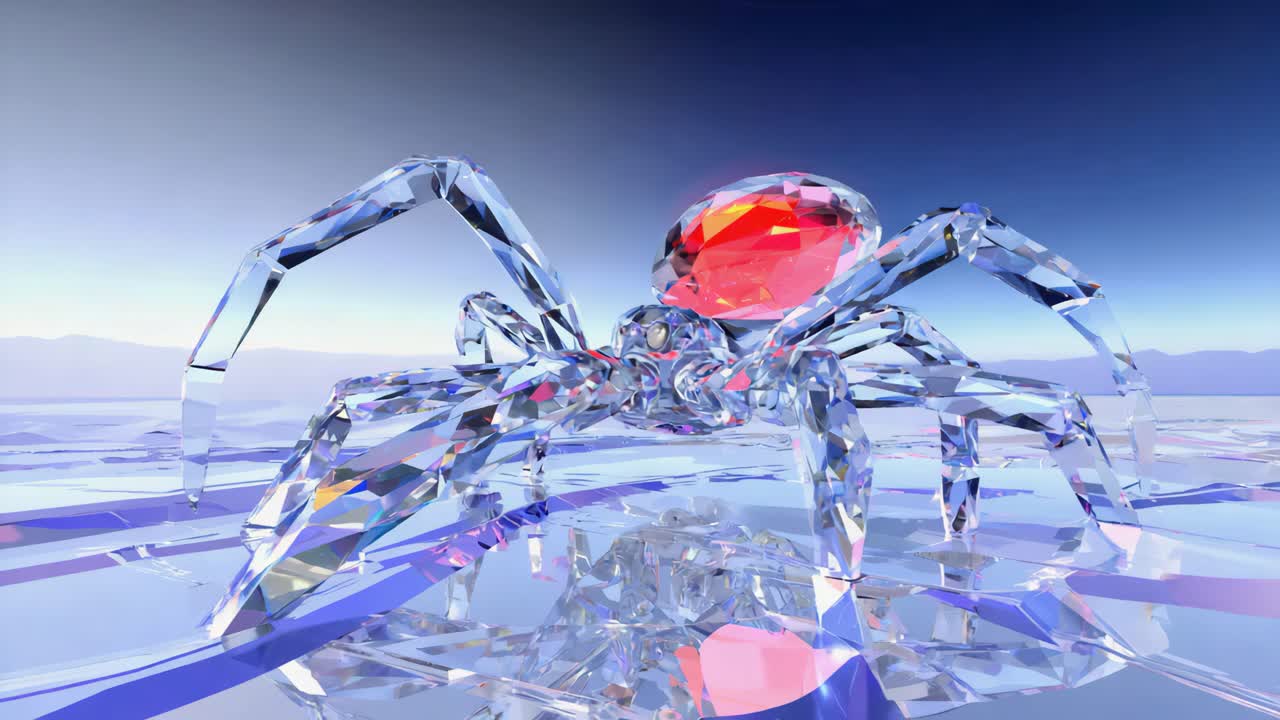 Crystal Spider with Red Gem Abdomen on Reflective Surface