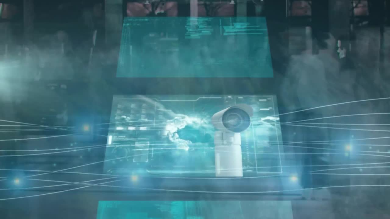 Animation of screens with data processing over pedestrians walking in fast motion