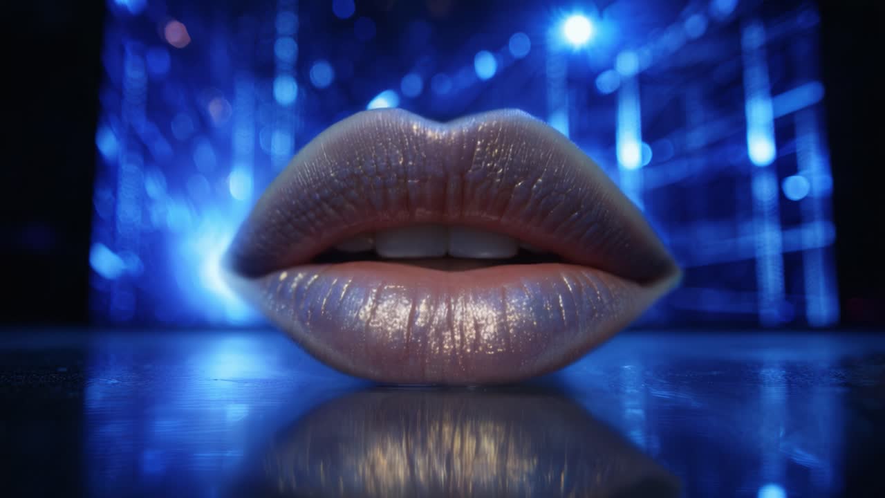 Un primo piano di labbra scintillanti su uno sfondo illuminato a giorno, evidenziando il vivido contrasto di colori e texture in una straordinaria esposizione visiva.
