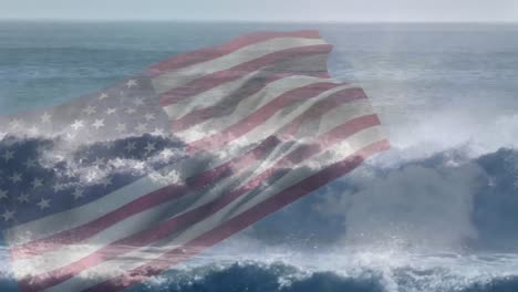 digital composition of waving us flag against waves in the sea