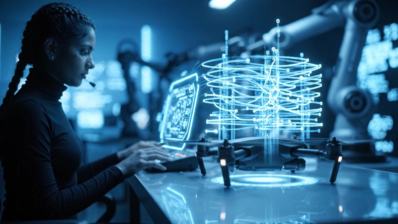 A skilled operator engages with advanced technology as she controls a high-tech drone through an intricate holographic interface in a futuristic workspace.