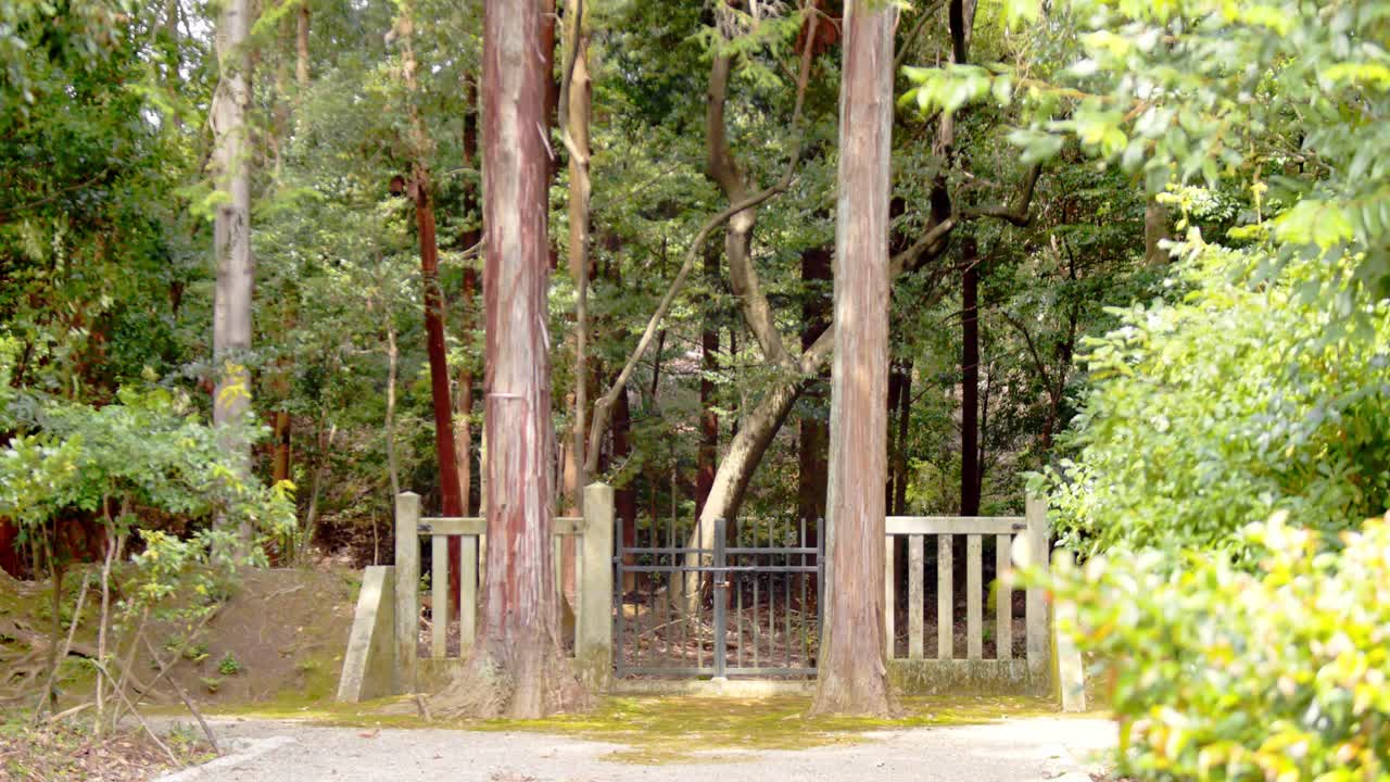 일본 교토에서 왼쪽에서 오른쪽으로 아름다운 사원 입구의 슬라이드 샷 4k 슬로우 모션