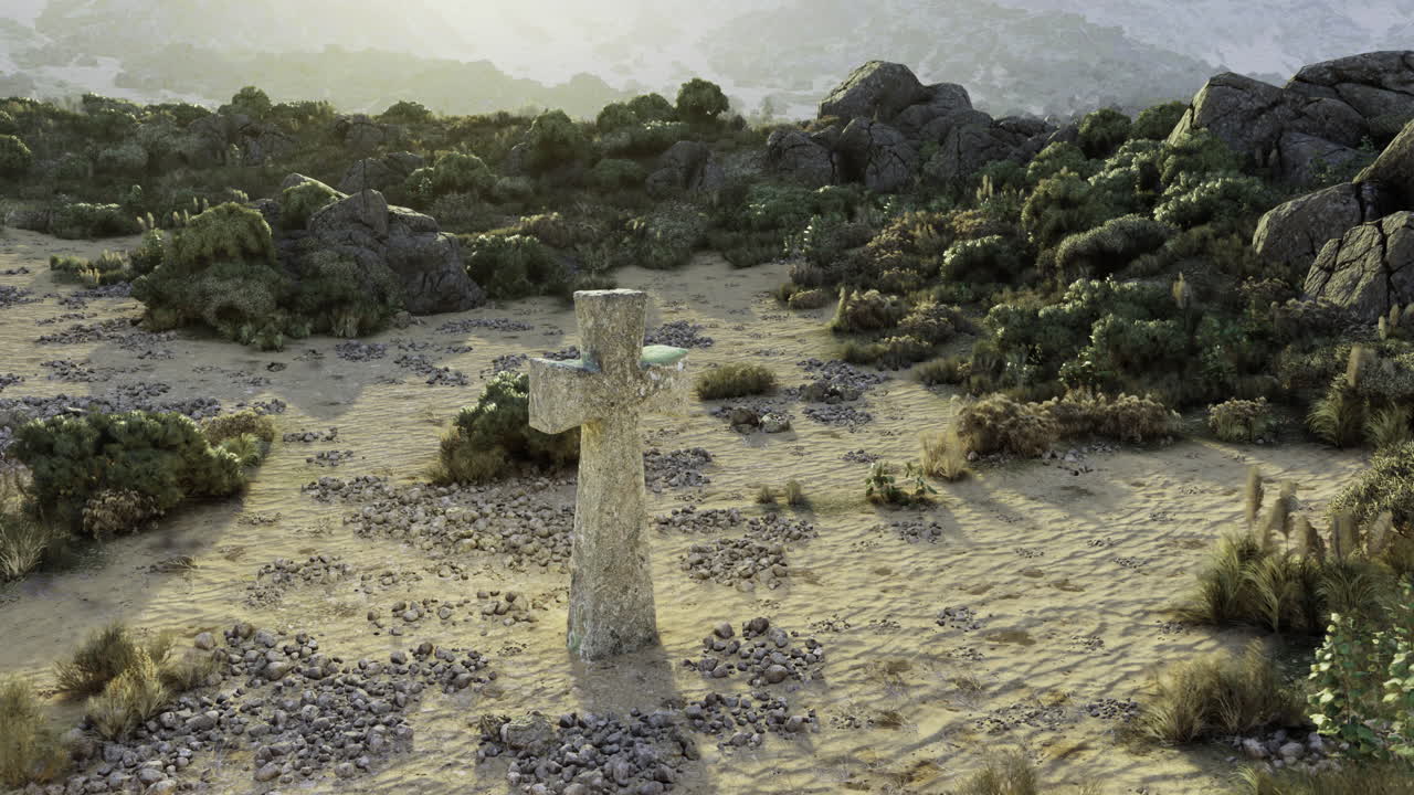 Ancient cross stands in a rugged landscape at sunrise amidst rocks and greenery