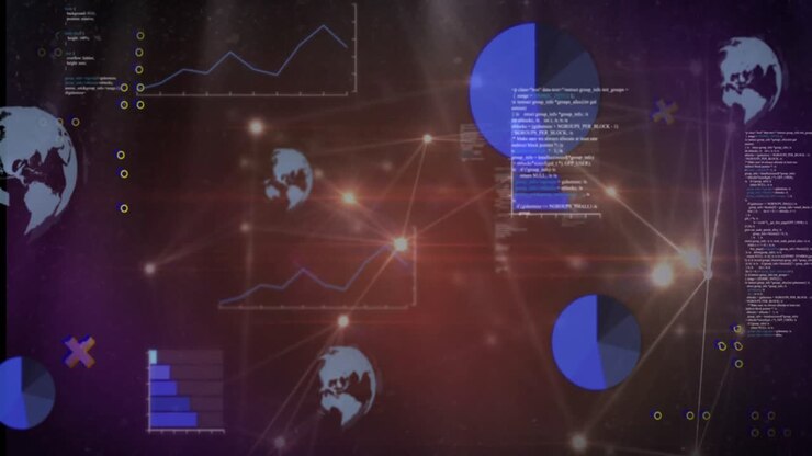 Animation of abstract shapes and statistical data processing against glowing network of connections