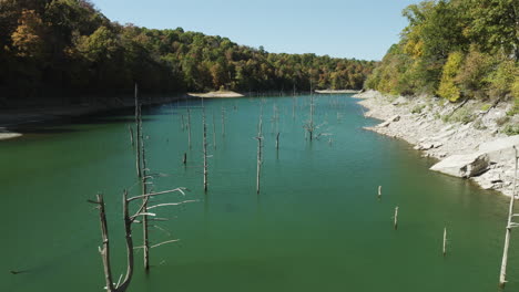 Árboles-Muertos-En-El-Río-Con-Aguas-Poco-Profundas-Durante-La-Estación-Seca-En-Arkansas,-EE.UU.