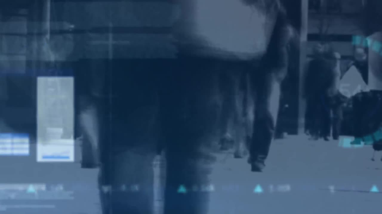 Animation of screens with data processing against low section of people walking on the street