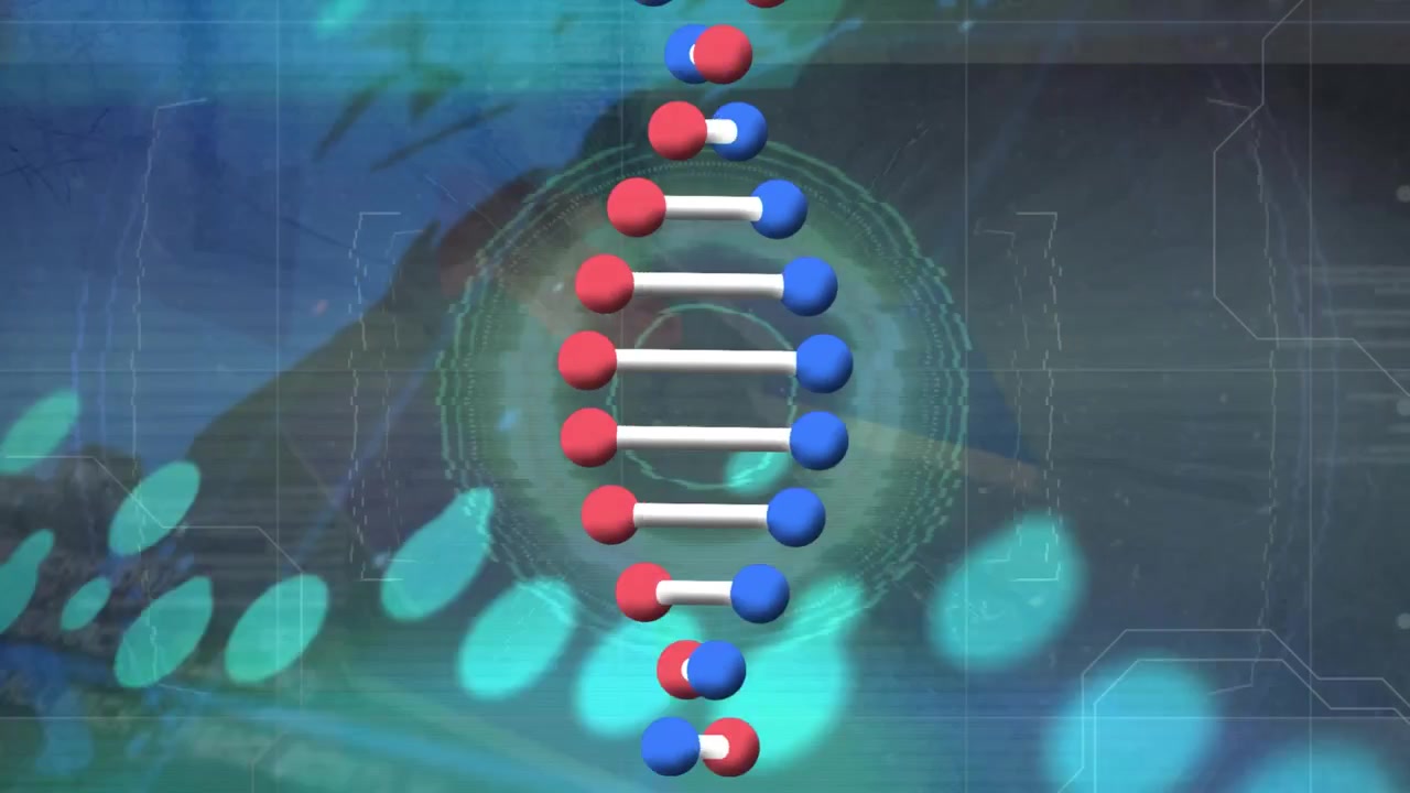 Animazione di DNA, grafici finanziari e dati su schermo digitale.