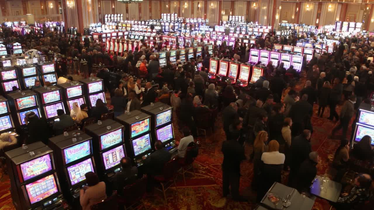 A Bustling Casino Floor Packed with Enthusiastic Gamblers Engaged with Rows of Vibrantly Lit Slot Machines and Exciting Gameplay Atmosphere