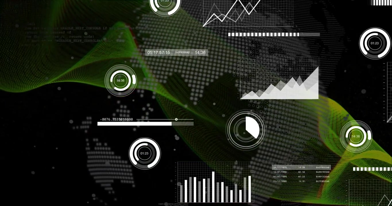 Green data ribbon flowing across tech stage, triggered by readout updates and animating HUD charts