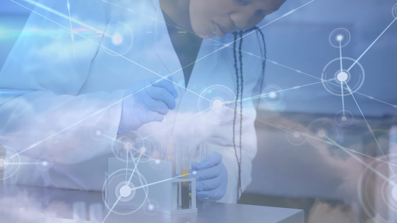 Animation of network of connections and sky over african american female lab worker