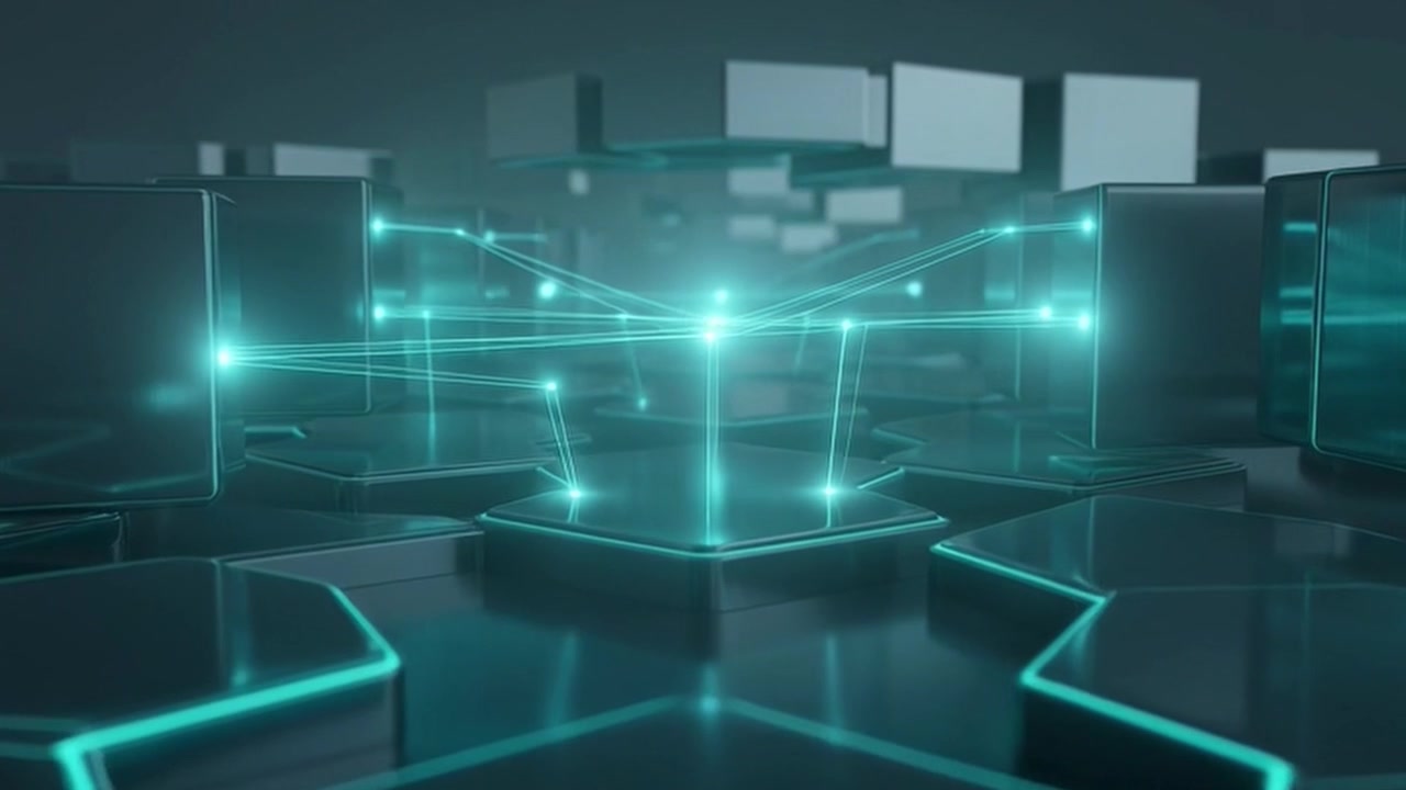 Abstract Digital Network Connecting Glowing Hexagonal Nodes