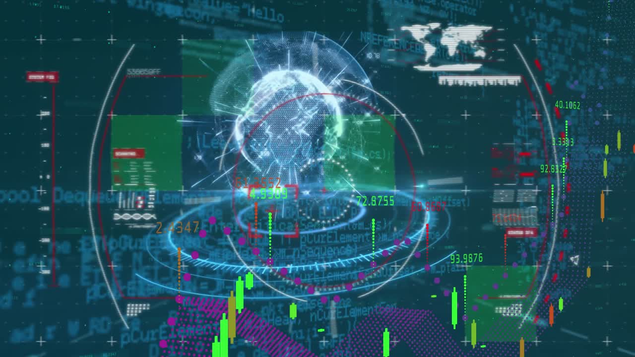 Animation of financial data over data processing and globe in navy space