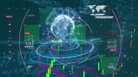 Animation-of-financial-data-over-data-processing-and-globe-in-navy-space