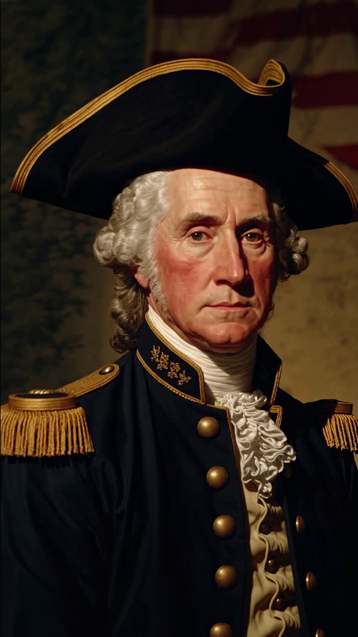 Portrait-style video still of a historical figure in 18th-century military attire