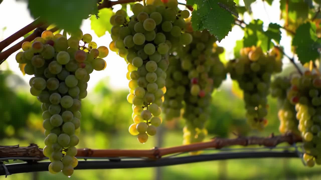 Bountiful Grapevines: Captivating Clusters of Lush Green Grapes Hang in a Sunlit Vineyard, Showcasing the Beauty of Nature’s Harvest in the Golden Hour