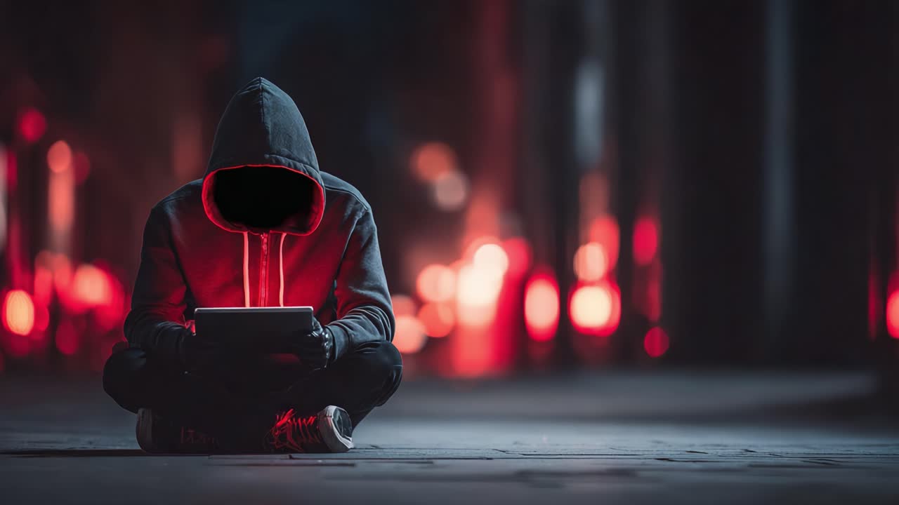 Mysterious Figure in a Hoodie Engrossed in a Device Surrounded by an Eerie Glow of Red Lights at Night, Creating an Intriguing Atmosphere of Suspense and Isolation