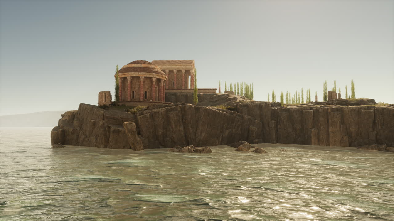 Ruins of an ancient roman temple overlooking tranquil water at sunset