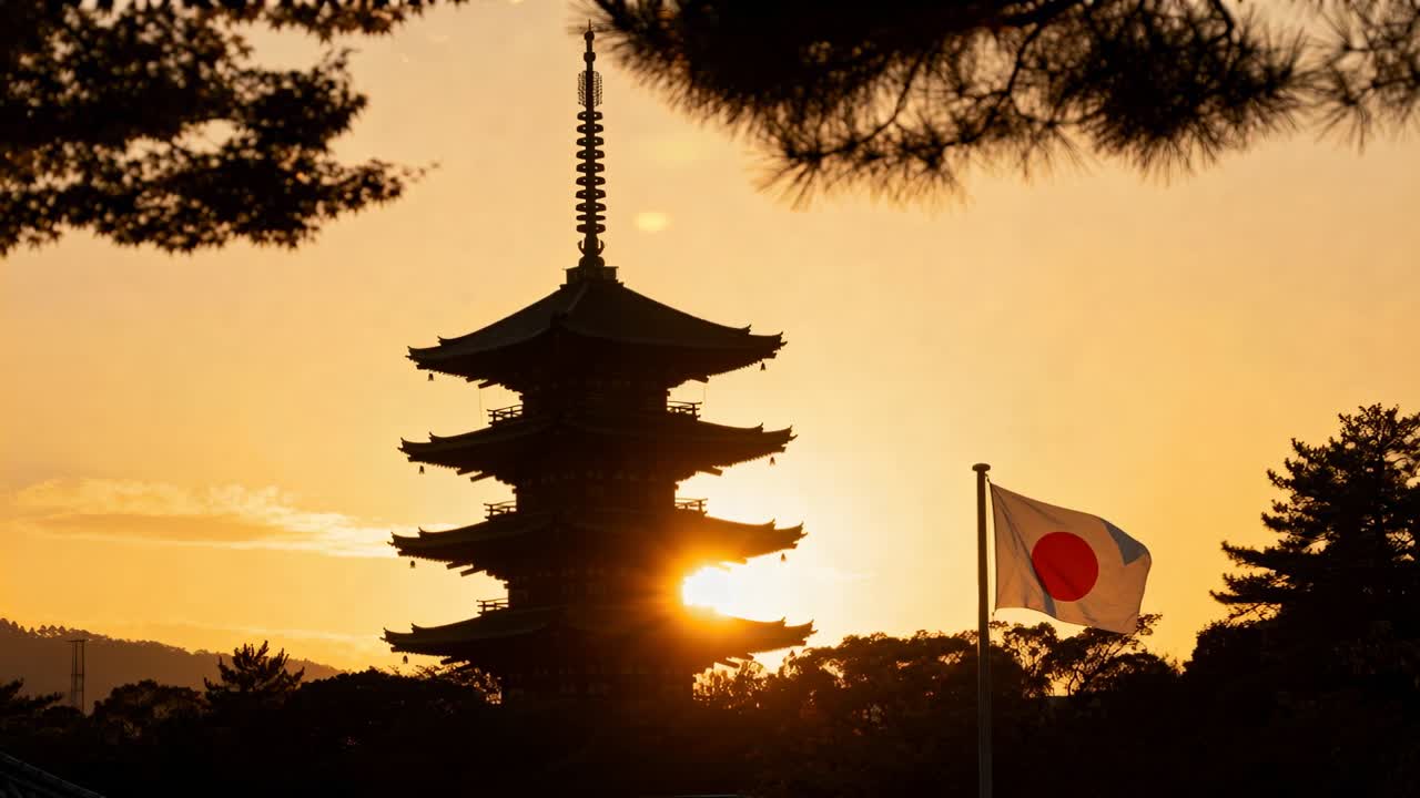 Sun moving behind dark five-tier pagoda, making glow at temple grounds, Japanese flag fluttering