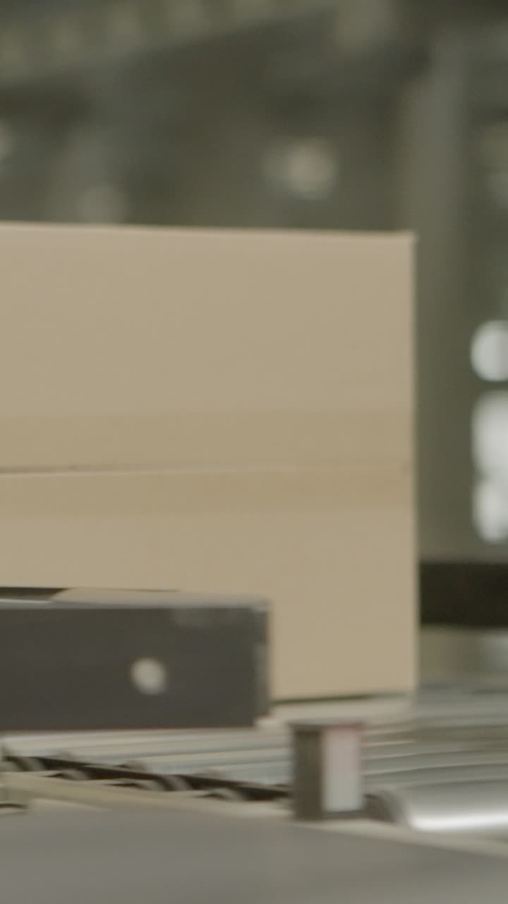 Cardboard box moving smoothly on a factory conveyor belt, echoing efficiency