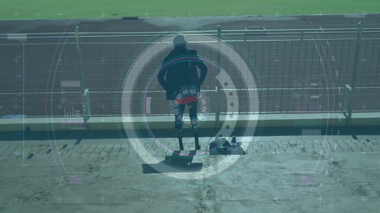 레이싱 트랙에 따라 달리기 블레이드를 가진 장애인 남성 운동 선수에 대한 디지털 데이터 처리의 애니메이션