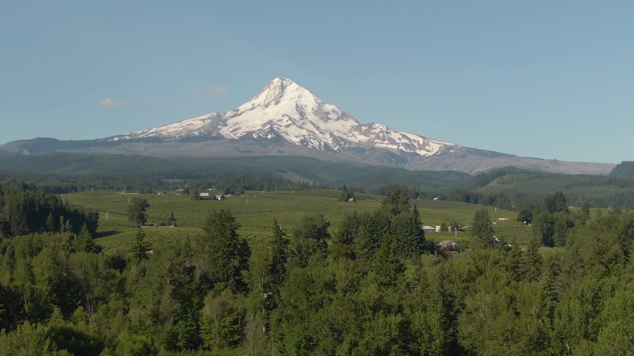 Aerial View of American Landscape and Green Farm Fields with Mount Hood in the background