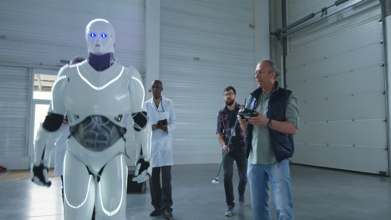 probando un robot humanoide en un almacén