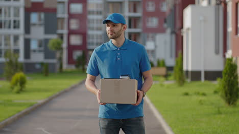 Blue-delivery-man-send-a-package-to-customer-on-before-deliver-cargo.-4k-resolution-and-slow-motion-shot.-Male-postman-with-parcel-in-hands-at-city-street.-Postal-concept.-Delivery-service.