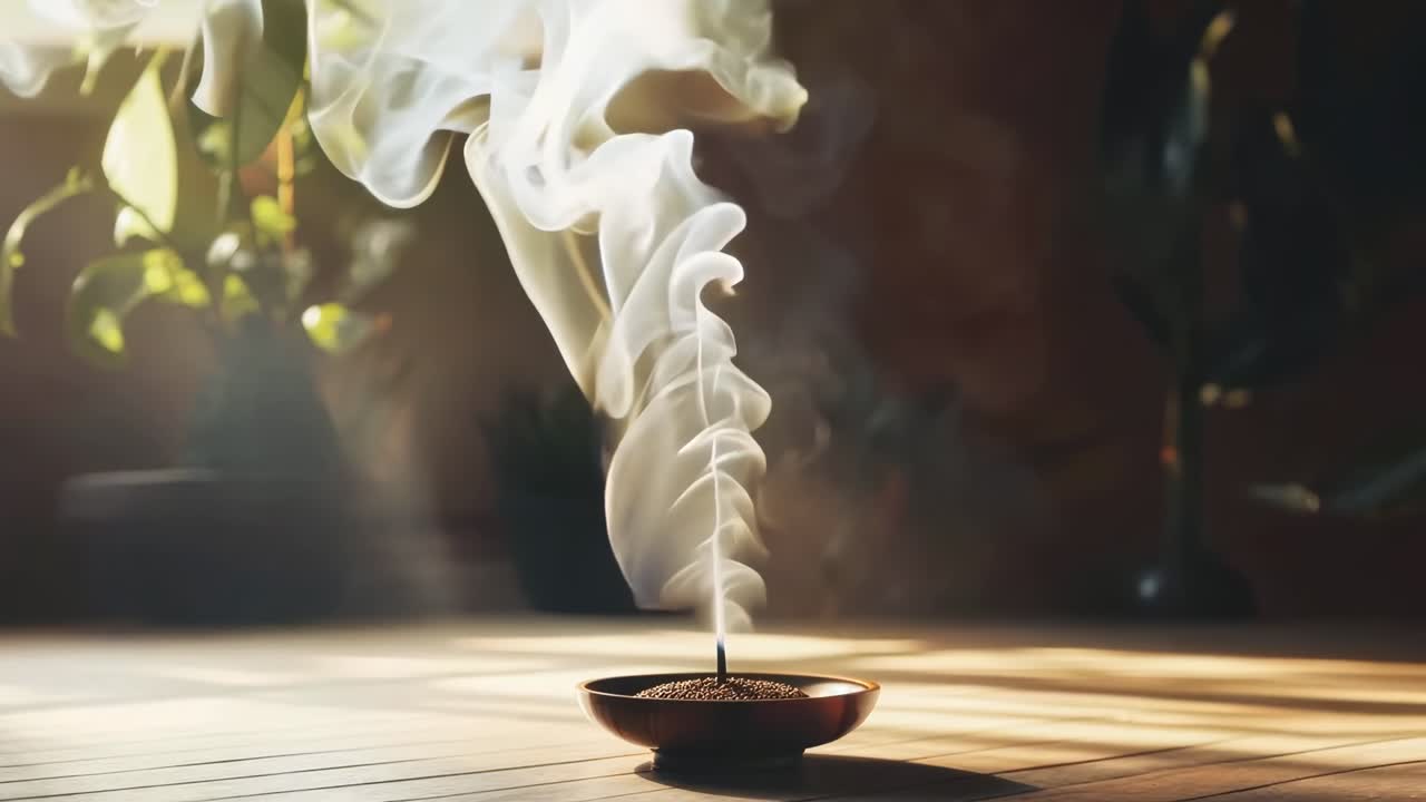 Close-up video still of incense smoke swirling gracefully in soft sunlight, creating a serene