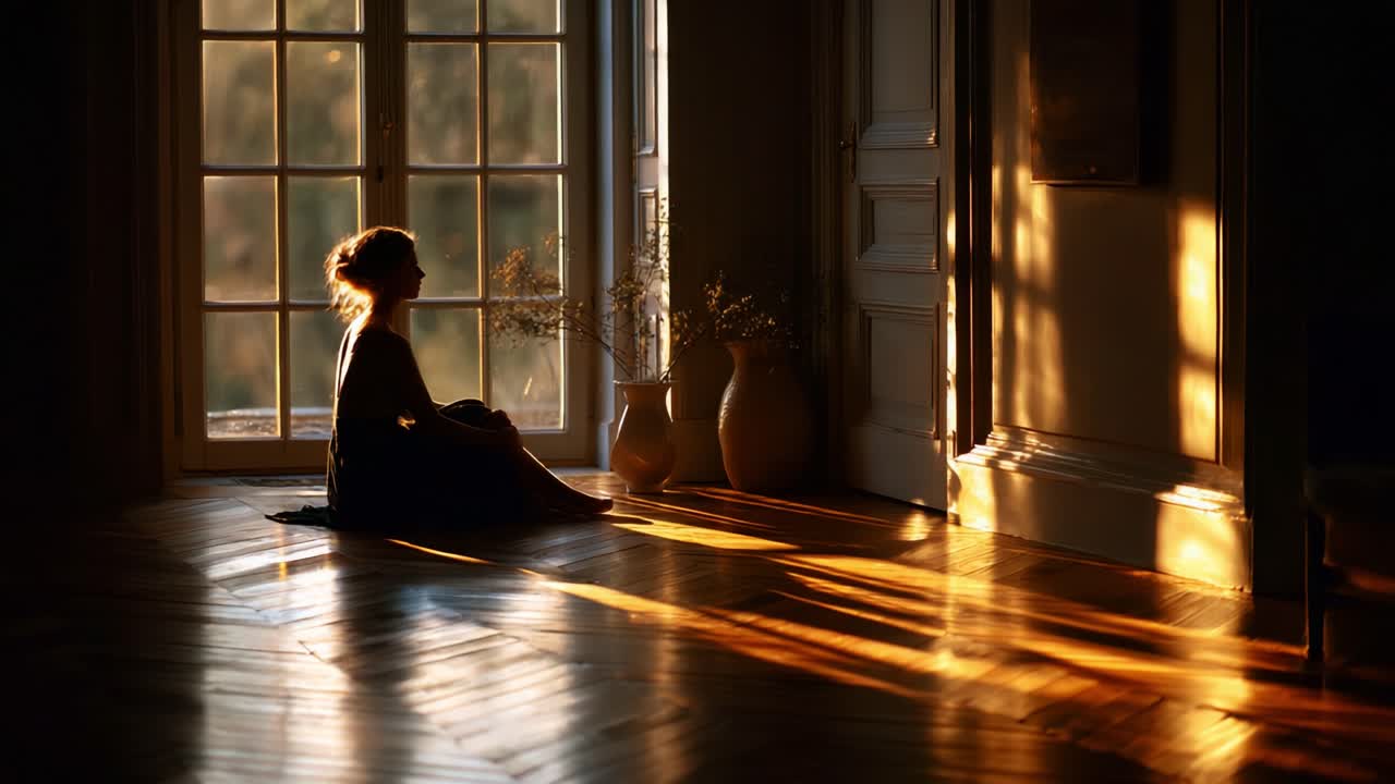 A Serene Moment of Contemplation: A Person Sitting in a Sunlit Room, Embracing the Warmth of Light and Shadows in a Peaceful Atmosphere of Reflection and Solitude
