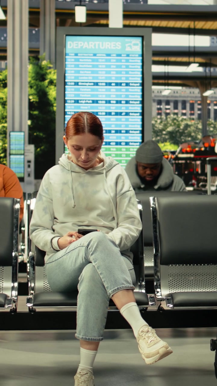 Solo commuter scrolling social media and waiting for metropolitan bus