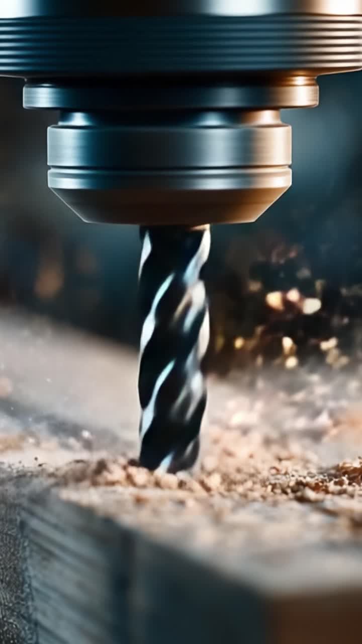 Primo piano di una punta da trapano di precisione in azione, che fora un pezzo di legno, catturando le complessità della lavorazione del legno e la bellezza della lavorazione meccanica in alta definizione.